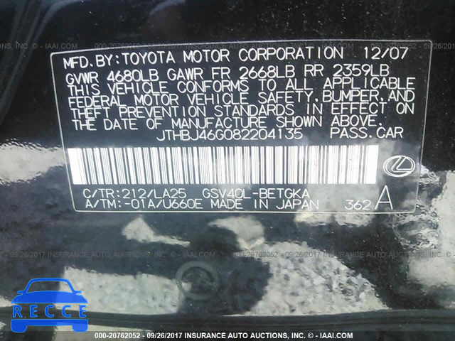 2008 Lexus ES JTHBJ46G082204135 image 8