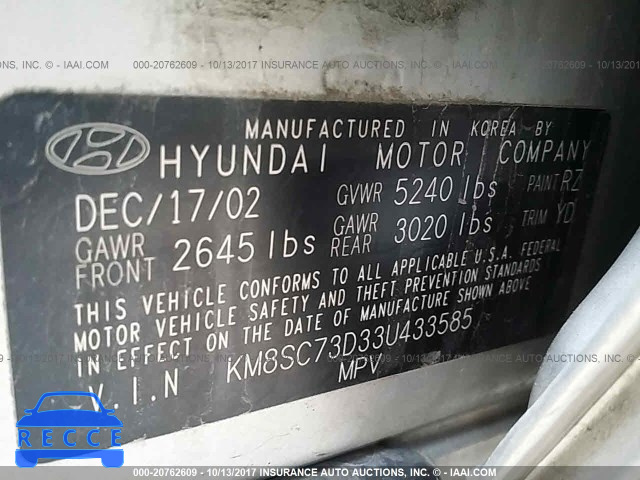 2003 Hyundai Santa Fe KM8SC73D33U433585 image 8