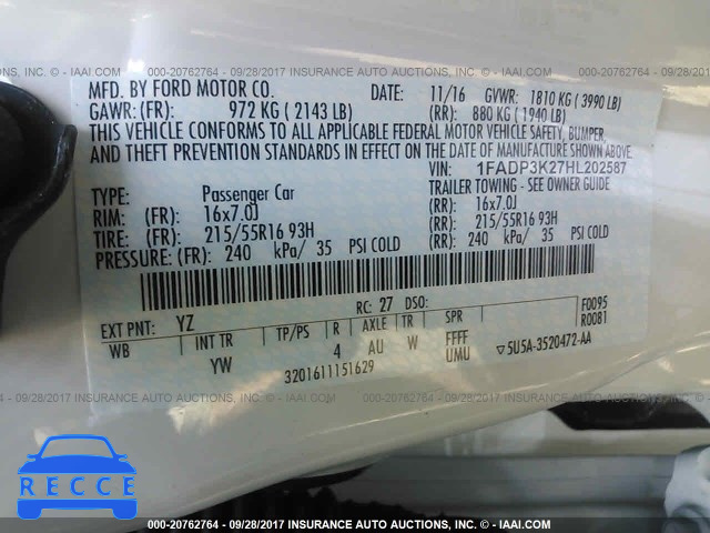 2017 FORD FOCUS 1FADP3K27HL202587 image 8