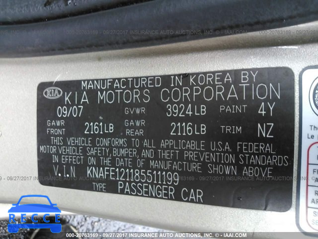 2008 KIA Spectra EX/LX/SX KNAFE121185511199 image 8