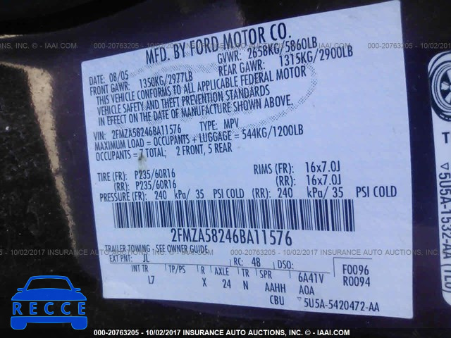 2006 Ford Freestar LIMITED 2FMZA58246BA11576 зображення 8