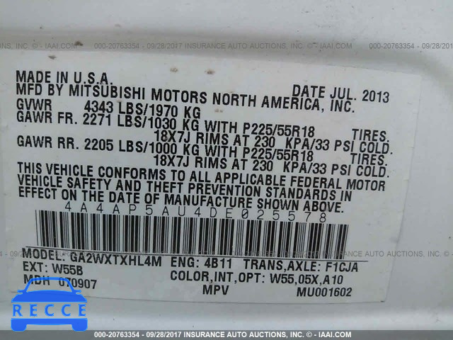 2013 MITSUBISHI OUTLANDER SPORT ES 4A4AP5AU4DE025578 image 8