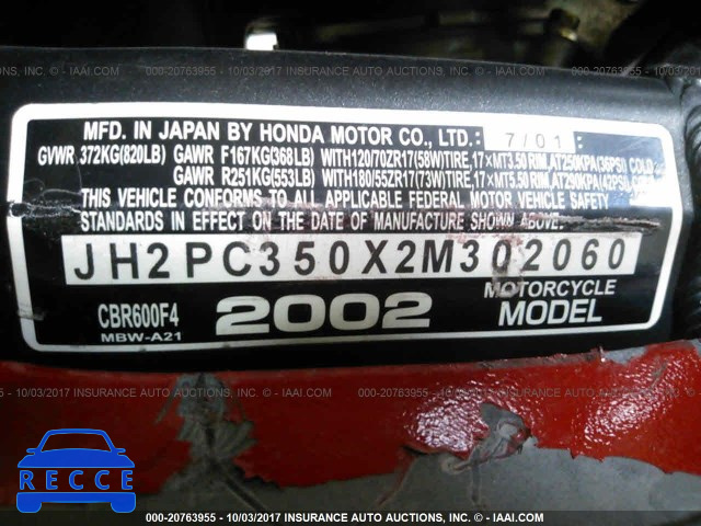2002 Honda CBR600 F4 JH2PC350X2M302060 image 9