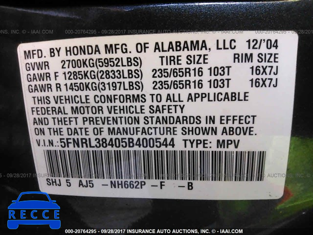 2005 HONDA ODYSSEY 5FNRL38405B400544 Bild 8