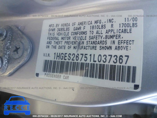 2001 Honda Civic 1HGES26751L037367 image 8