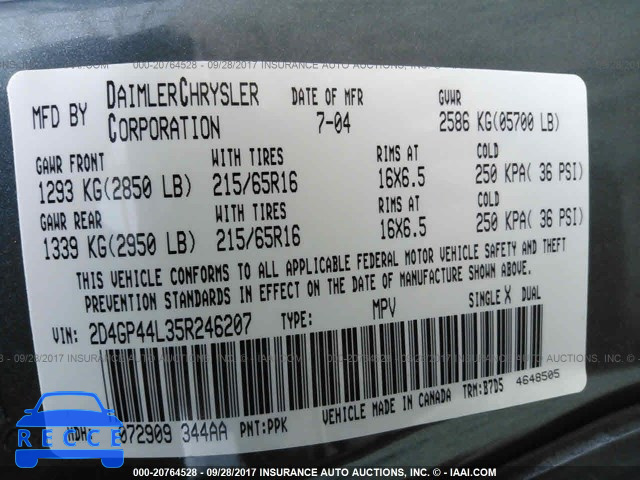 2005 Dodge Grand Caravan 2D4GP44L35R246207 image 8