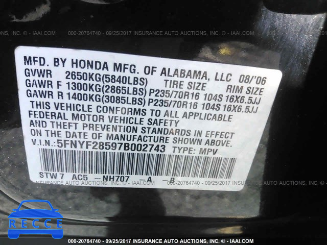 2007 Honda Pilot EXL 5FNYF28597B002743 image 8