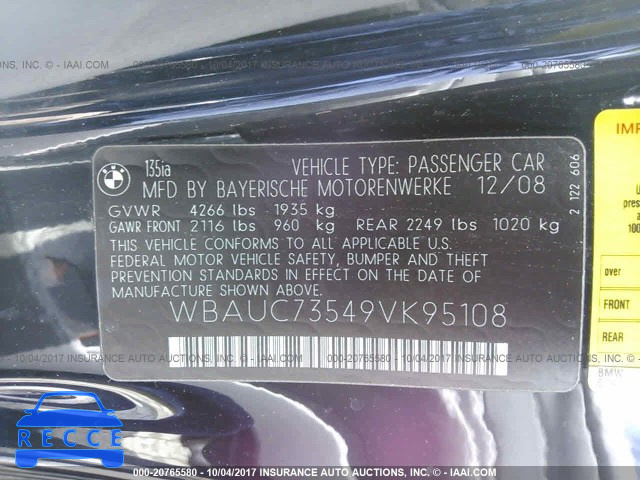 2009 BMW 135 WBAUC73549VK95108 зображення 8