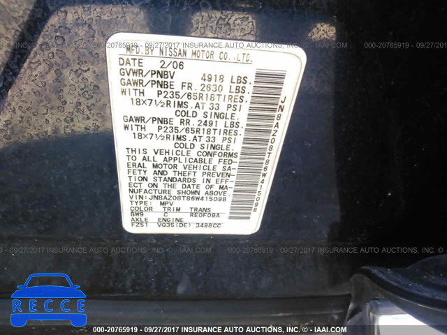 2006 NISSAN MURANO JN8AZ08T86W415098 image 8