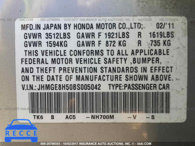 2011 Honda FIT SPORT JHMGE8H50BS005042 image 8