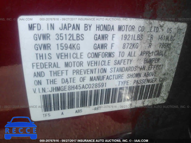 2010 Honda FIT SPORT JHMGE8H45AC028591 Bild 8
