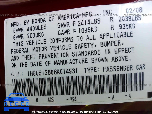 2008 Honda Accord 1HGCS12868A014931 image 8