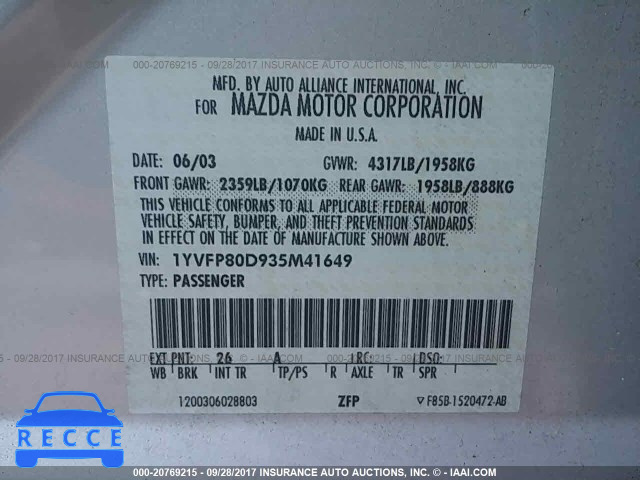 2003 Mazda 6 S 1YVFP80D935M41649 зображення 8