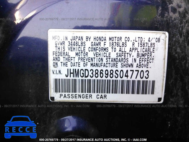 2008 Honda FIT SPORT JHMGD38698S047703 image 8