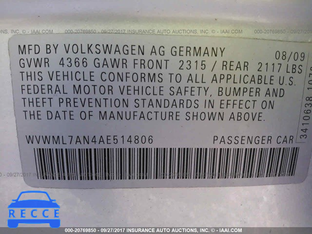 2010 Volkswagen CC WVWML7AN4AE514806 image 8