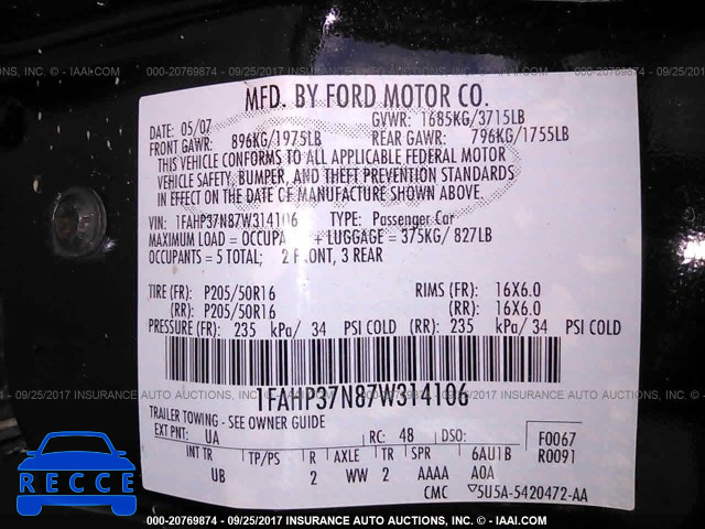 2007 Ford Focus 1FAHP37N87W314106 image 8