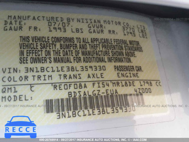 2008 Nissan Versa 3N1BC11E38L359330 image 8