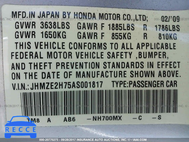 2010 Honda Insight JHMZE2H75AS001817 image 8