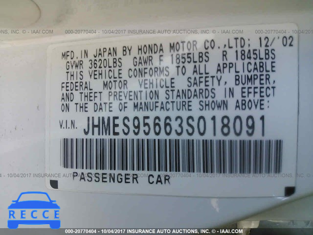 2003 Honda Civic JHMES95663S018091 image 8