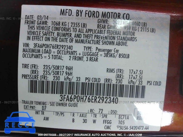 2014 Ford Fusion 3FA6P0H76ER292340 зображення 8