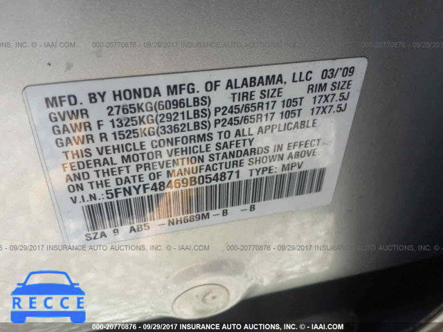 2009 Honda Pilot EX 5FNYF48469B054871 image 8