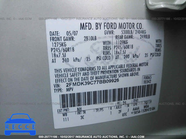 2007 Ford Edge SEL PLUS 2FMDK39C77BB09926 image 8