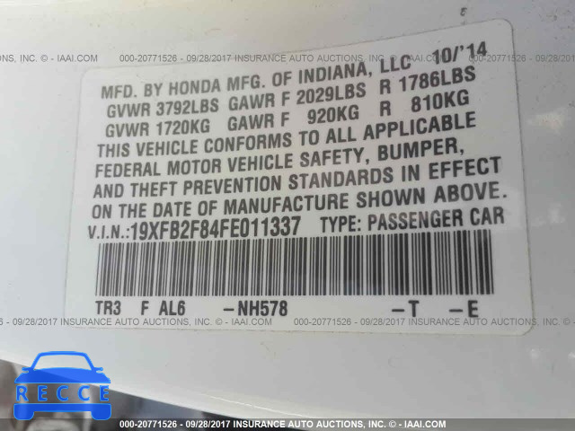 2015 Honda Civic 19XFB2F84FE011337 зображення 8