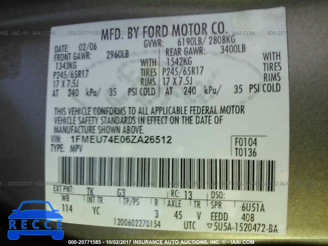 2006 Ford Explorer 1FMEU74E06ZA26512 зображення 8