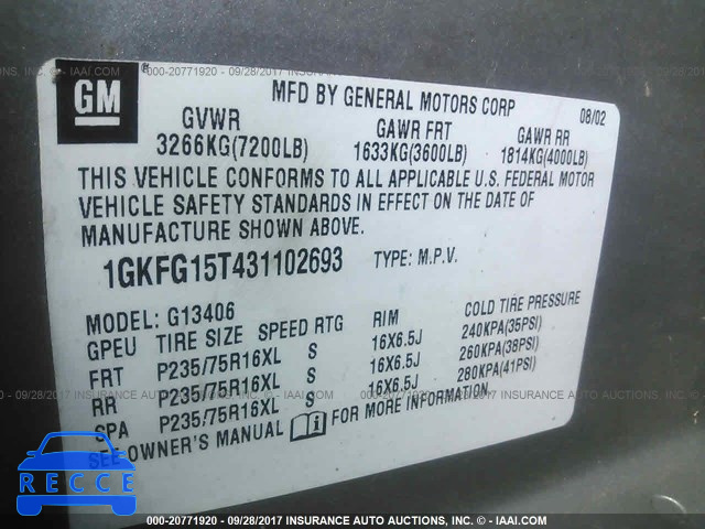 2003 GMC Savana 1GKFG15T431102693 image 8