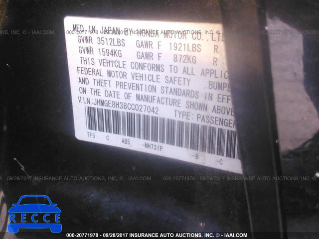 2012 HONDA FIT JHMGE8H38CC027042 image 8
