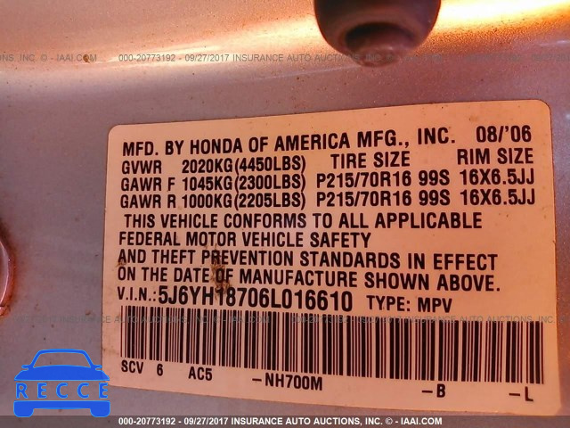 2006 Honda Element EX 5J6YH18706L016610 зображення 8