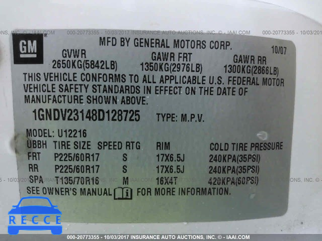 2008 Chevrolet Uplander LS 1GNDV23148D128725 image 8