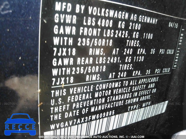 2015 Volkswagen Tiguan WVGAV7AX3FW609885 зображення 8
