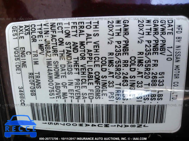 2010 Nissan Murano S/SL/LE JN8AZ1MU4AW007551 image 8