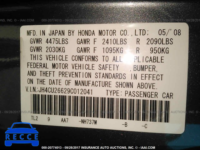 2009 Acura TSX JH4CU26629C012041 зображення 8