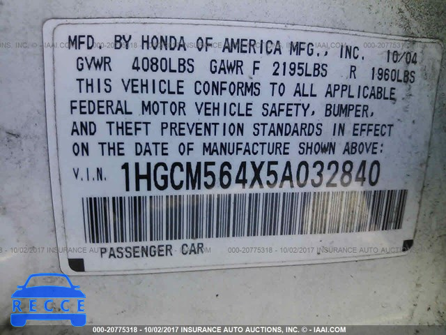 2005 Honda Accord 1HGCM564X5A032840 зображення 8