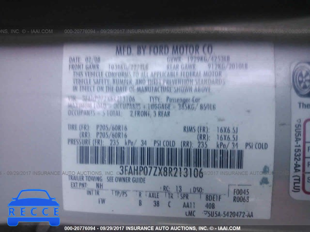 2008 FORD FUSION 3FAHP07ZX8R213106 зображення 8