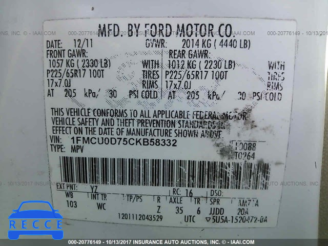 2012 Ford Escape 1FMCU0D75CKB58332 зображення 8