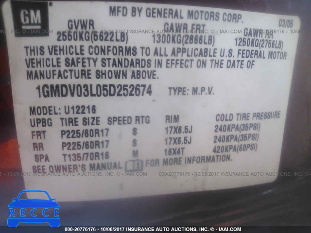 2005 Pontiac Montana SV6 1GMDV03L05D252674 image 8