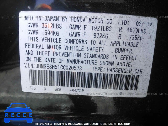 2012 Honda FIT SPORT JHMGE8H51CC020578 image 8