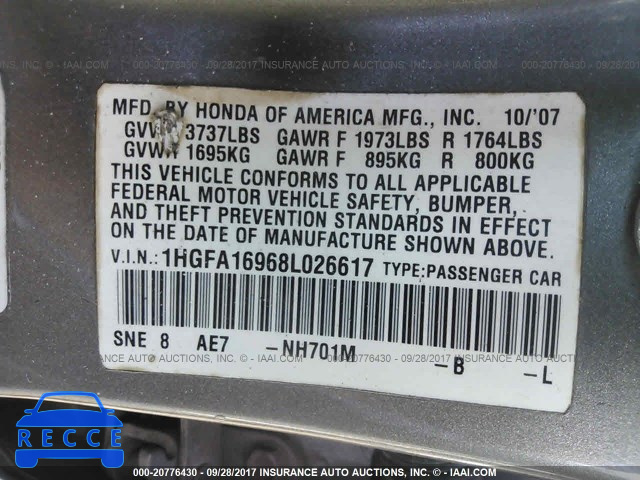 2008 Honda Civic 1HGFA16968L026617 image 8