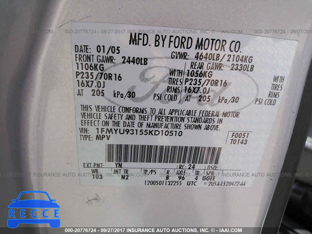2005 Ford Escape 1FMYU93155KD10510 image 8