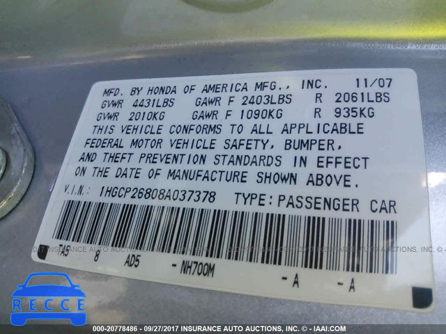 2008 Honda Accord 1HGCP26808A037378 image 8