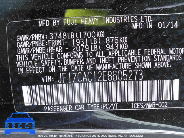 2014 Subaru BRZ 2.0 LIMITED JF1ZCAC12E8605273 зображення 8