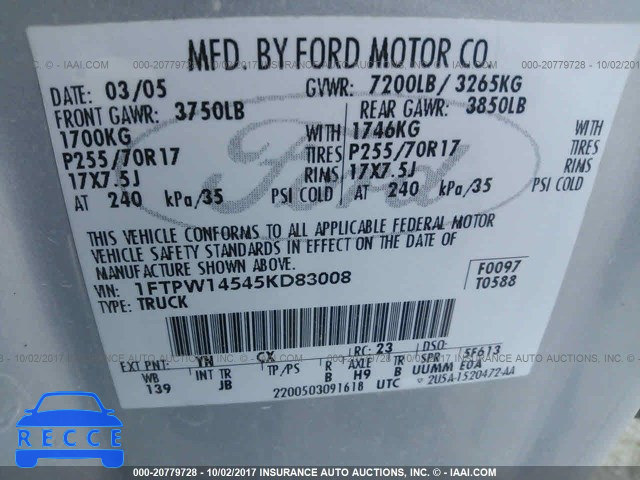 2005 Ford F150 1FTPW14545KD83008 image 8