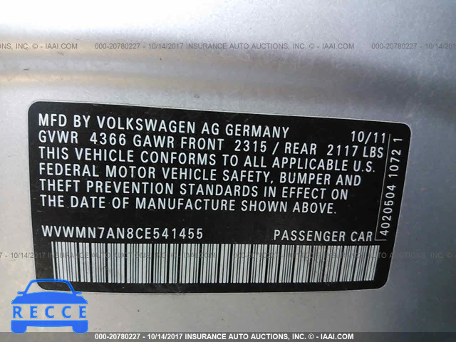 2012 Volkswagen CC SPORT/R-LINE WVWMN7AN8CE541455 зображення 8