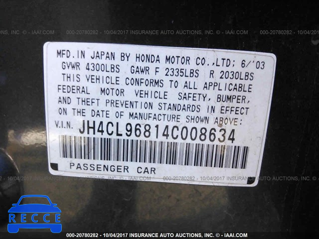2004 Acura TSX JH4CL96814C008634 Bild 8