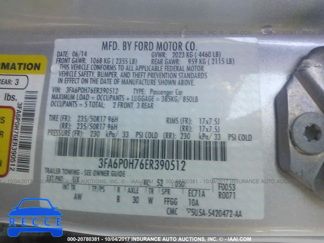 2014 Ford Fusion 3FA6P0H76ER390512 image 8