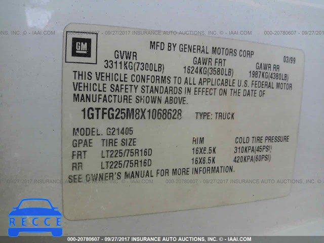 1999 GMC Savana G2500 1GTFG25M8X1068628 image 8