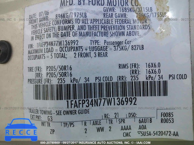 2007 FORD FOCUS 1FAFP34N77W136992 image 8
